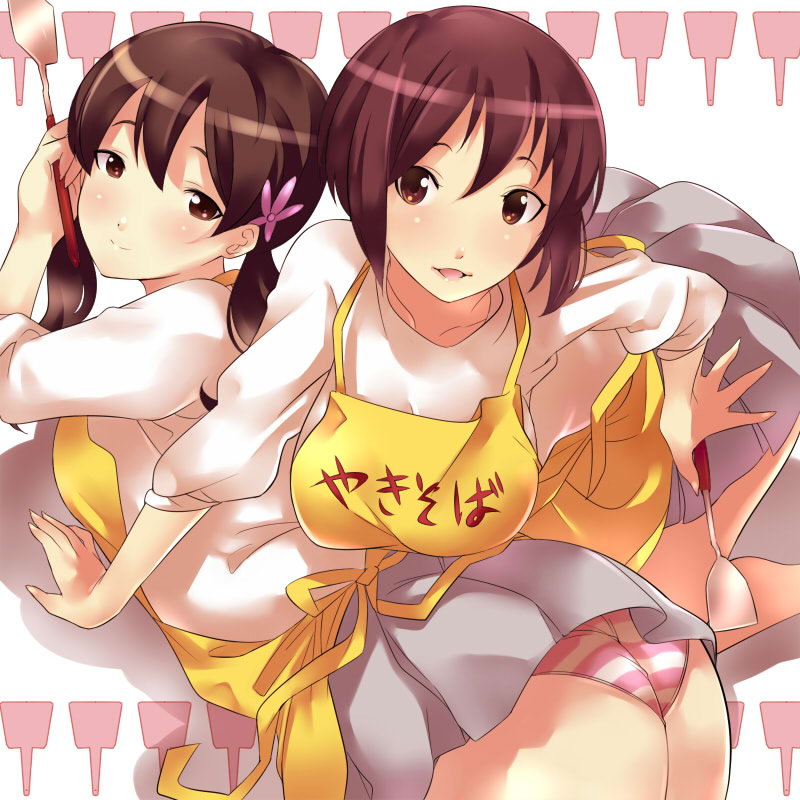 2girls all_fours apron ass breasts brown_hair extra flower hair_flower hair_ornament k-on! kimura_fumie large_breasts multiple_girls namayake_girls panties short_hair spatula striped striped_panties twintails underwear yoshiron