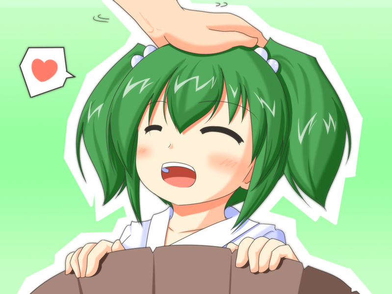 1girl blush bucket closed_eyes female green_hair heart in_bucket in_container kisume patting petting solo_focus touhou twintails urushi