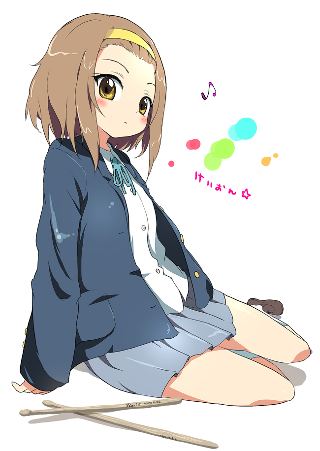 1girl asano_shimon blazer blush brown_eyes brown_hair dress_shirt drumsticks female footwear full_body hair_ornament hairband headband k-on! miniskirt pleated_skirt ribbon school_uniform shirt shoes short_hair sitting skirt socks solo tainaka_ritsu tomboy yellow_eyes