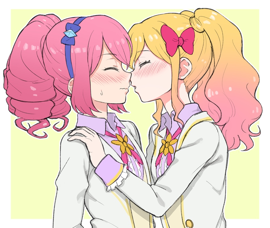 2girls aikatsu!_(series) aikatsu_stars! blazer blonde_hair blush border bow closed_eyes collared_shirt drill_hair eyebrows_visible_through_hair face-to-face gradient_hair hair_bow hairband hand_on_another's_shoulder imminent_kiss jacket long_hair multicolored_hair multiple_girls nijino_yume nose_blush outline outside_border parted_lips pink_bow pink_hair purple_bow purple_shirt sakuraba_rola school_uniform scrunchie shirt sidelocks simple_background sweatdrop sweater_vest twintails upper_body venus_ark_uniform wavy_mouth white_border white_jacket white_outline yellow_background yoban yuri
