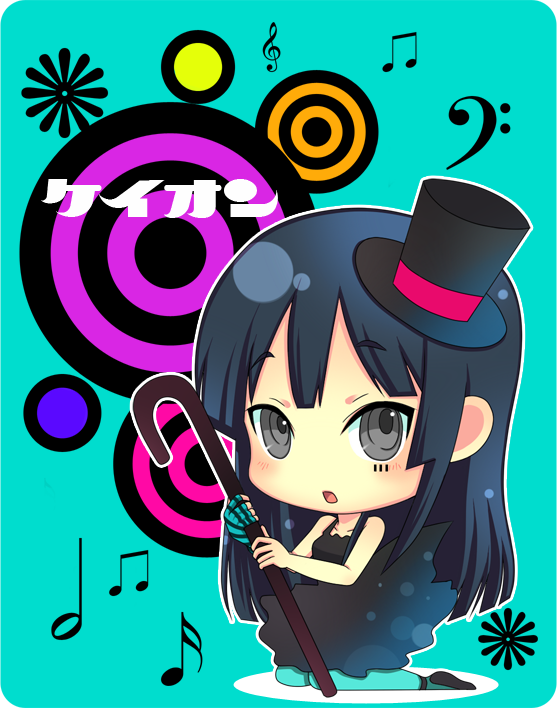 1girl akiyama_mio bangs bare_shoulders black_hair blue_legwear blunt_bangs cane chibi d_(pixiv544157) don't_say_"lazy" dress fingerless_gloves gloves grey_eyes hat hime_cut k-on! kneeling mini_hat mini_top_hat musical_note pantyhose rounded_corners single_glove solo striped striped_gloves top_hat