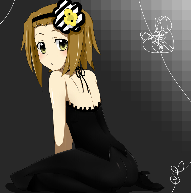 1girl :o ass back blush brown_hair choker don't_say_"lazy" female flower from_behind green_eyes hair_flower hair_ornament hairband headband high_heels k-on! kneeling looking_back pantyhose shiratori_serano shoes short_hair solo tainaka_ritsu tank_top tomboy yellow_eyes