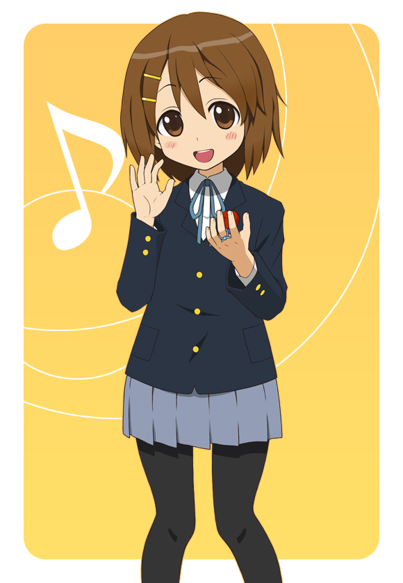 1girl brown_eyes brown_hair castanets female hair_ornament hairclip hirasawa_yui instrument k-on! musical_note pantyhose school_uniform short_hair solo yaguchi_kairo