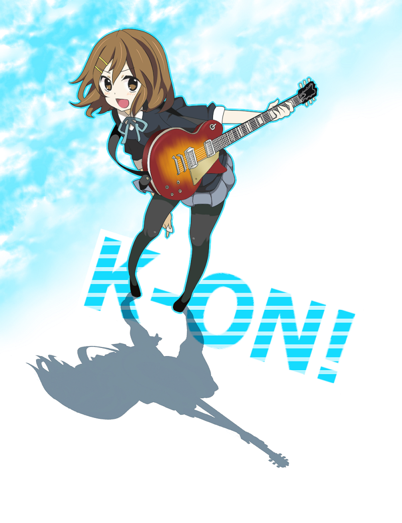 1girl bad_id brown_eyes brown_hair female foreshortening guitar hair_ornament hairclip hirasawa_yui instrument k-on! laughing leaning_forward les_paul miniskirt open_mouth pantyhose pleated_skirt rui_(t_kimi) school_uniform shadow short_hair skirt sky smile solo standing