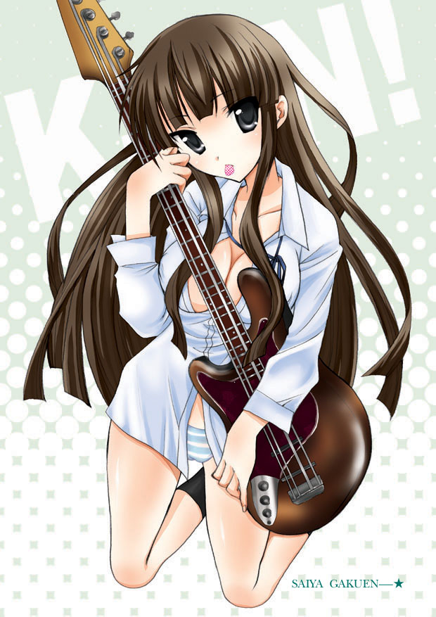 1girl akiyama_mio bass_guitar breasts cleavage female full_body instrument k-on! open_clothes open_shirt panties saiya shirt solo underwear