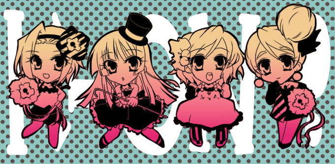 4girls akiyama_mio chaa chibi don't_say_"lazy" gradient hair_bun hat hirasawa_yui k-on! kotobuki_tsumugi monochrome multiple_girls polka_dot polka_dot_background tainaka_ritsu top_hat