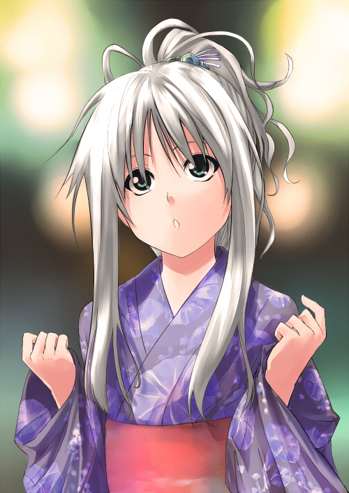 1girl bad_id green_eyes hair_ornament japanese_clothes kimono obi original ponytail sash silver_hair solo wander_(artist) wander_(cordabyss) yukata