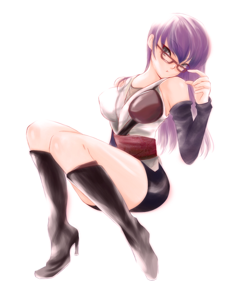 1girl adjusting_glasses bare_shoulders boots character_request detached_sleeves gintama glasses grey_eyes high_heels jun_can long_hair mole purple_hair sarutobi_ayame shoes shorts sitting solo
