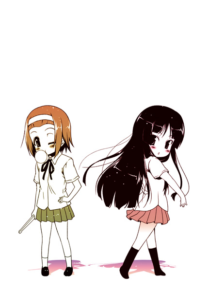 2girls :o akiyama_mio black_eyes black_hair blush brown_hair bubblegum footwear hair_ornament hairband headband k-on! koji kouji_(campus_life) long_hair looking_back miniskirt multiple_girls pleated_skirt ribbon school_uniform shoes short_hair skirt socks standing tainaka_ritsu wink