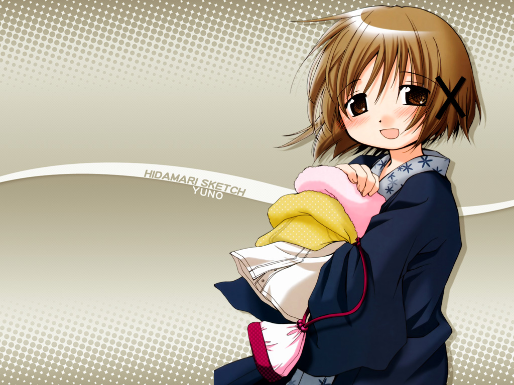 1girl aoki_ume blush brown_eyes brown_hair hair_ornament hidamari_sketch looking_at_viewer official_art open_mouth short_hair smile solo wallpaper yuno