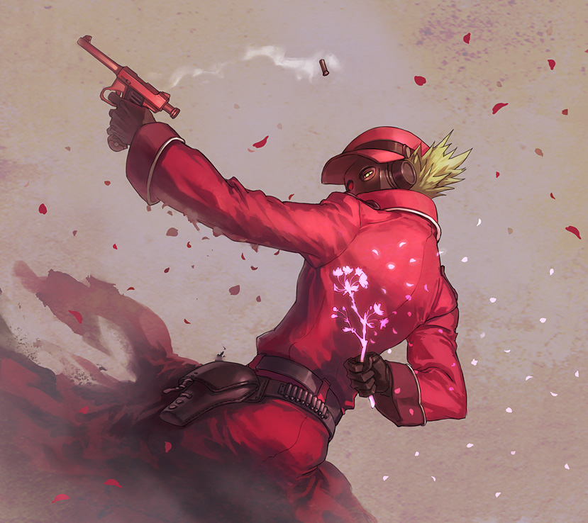 1boy blonde_hair bullet casing_ejection cherry_blossoms fantasy gun handgun hat holster kerokero_saito male_focus mask nambu_pistol petals pistol pixiv pixiv_fantasia pixiv_fantasia_3 semiautomatic shell_casing smoke solo wayder_(pixiv_fantasia) weapon