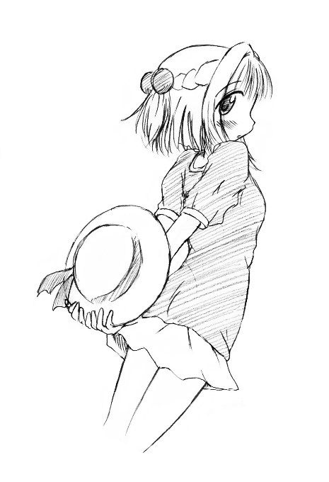 1girl half_updo hat hidamari_sketch kumichi looking_back monochrome nazuna sketch solo