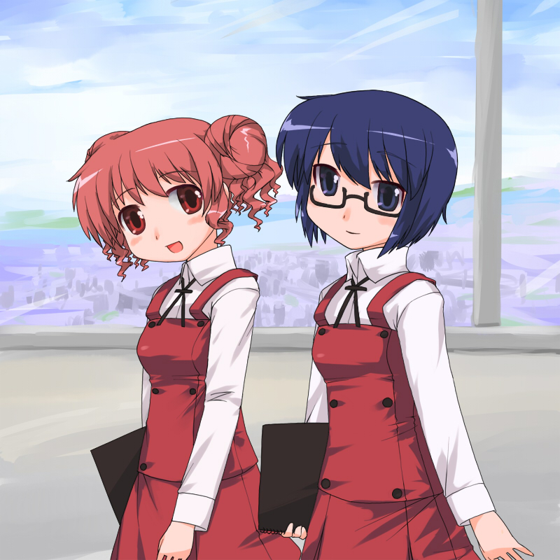 blue_eyes blue_hair double_bun glasses hidamari_sketch hiro kt2 red_eyes redhead sae school_uniform