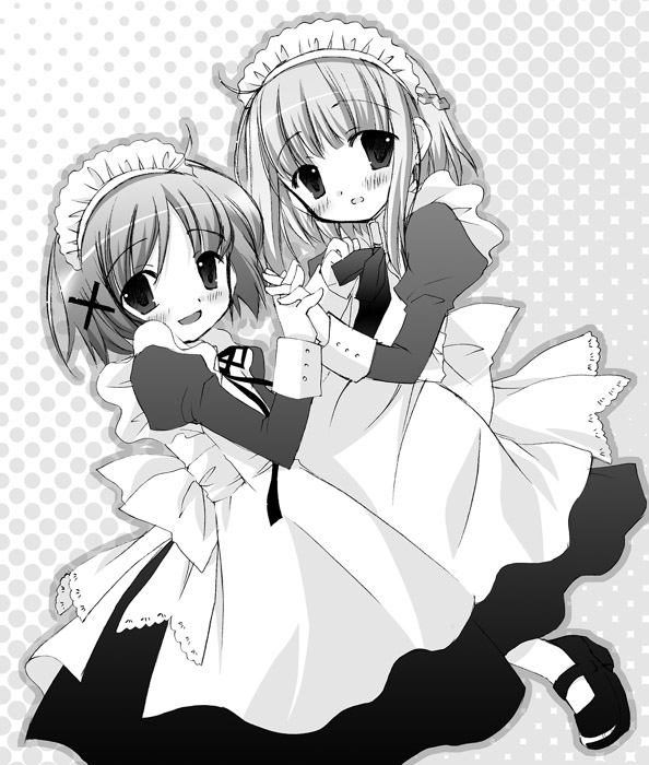 aogiri_sei hand_holding hidamari_sketch maid monochrome nazuna yuno