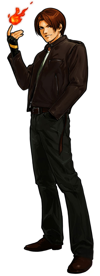 1boy brown_eyes brown_hair fingerless_gloves fire full_body gloves hand_in_pocket hand_up highres hiroaki_(artist) hiroaki_(kof) jacket jeans king_of_fighters king_of_fighters_xi kof_11 kusanagi_kyo kusanagi_kyou leather_jacket long_sleeves male official_art pants shoes short_hair simple_background smile snk solo standing white_background