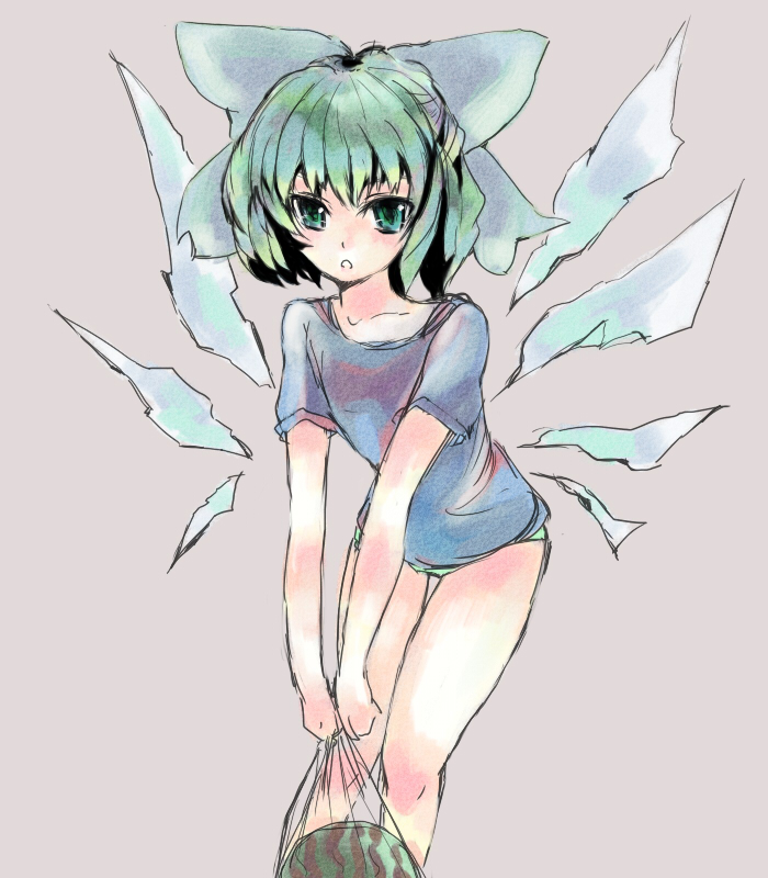 bad_id casual cirno food fruit green_eyes hair_ribbon hey panties ribbon touhou underwear watermelon wings