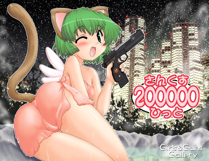 ass bare_shoulders blush cat_ears cat_tail fang flat_chest green_eyes green_hair gun hase_yu impossible_towel naked_towel nyano original short_hair smile tail towel weapon wings wink