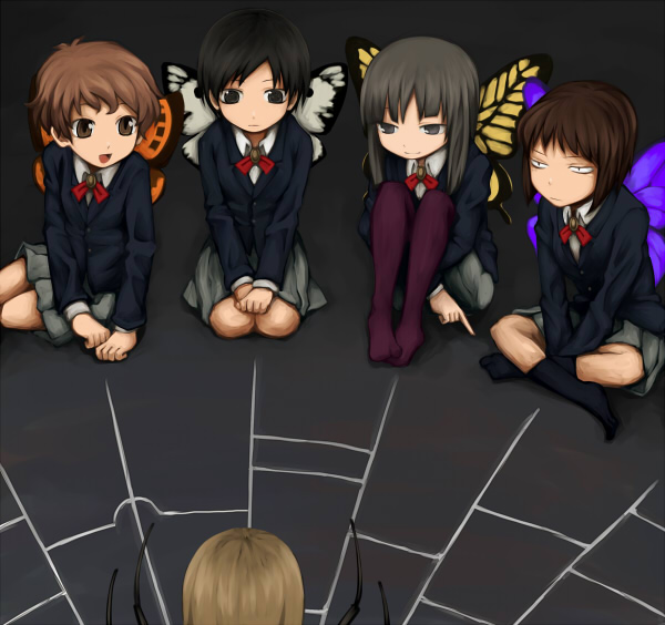 brown_eyes brown_hair butterfly_wings monster_girl original pantyhose school_uniform skirt socks spider_girl wings yajirushi yajirushi_(chanoma)