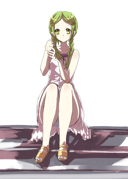 casual dress green_eyes green_hair kimidori_emiri long_hair panchira_sit panties pantyshot pantyshot_sitting sitting suzumiya_haruhi_no_yuuutsu twin_braids underwear