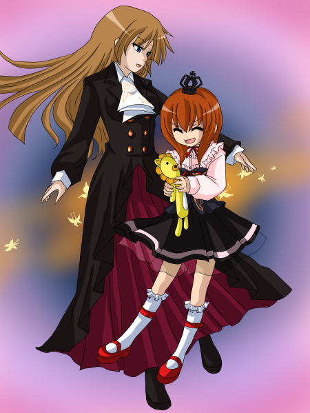 butterfly crown dress frills hime_cut mary_janes mother_and_daughter orange_hair pleated_skirt plush red_hair red_shoes redhead ruffles shoes skirt socks stuffed_toy umineko_no_naku_koro_ni ushiromiya_maria ushiromiya_rosa