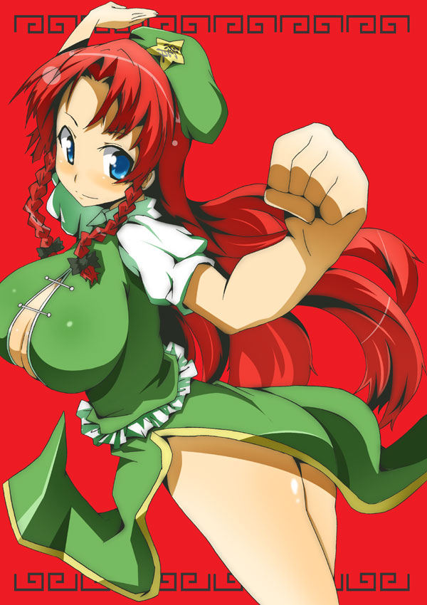 braid breasts hat hong_meiling long_hair red_hair redhead ribbon toudori touhou twin_braids