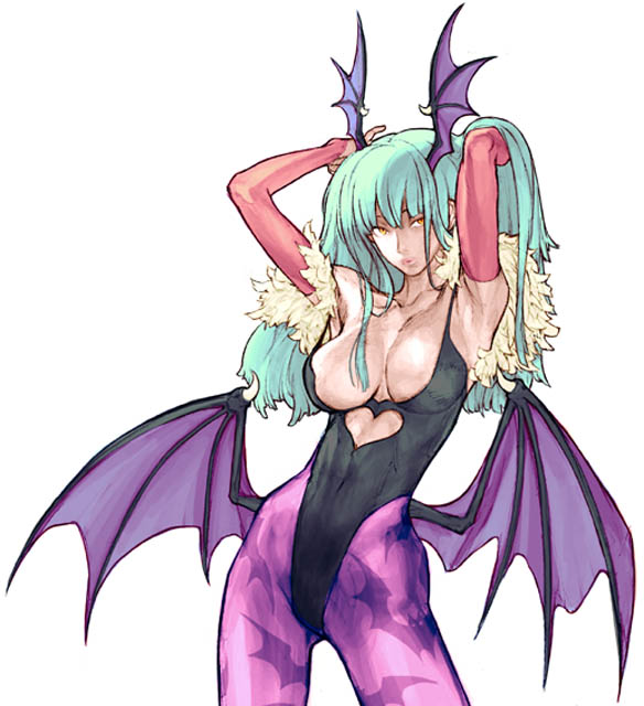 aqua_hair armpits arms_up bat_wings breasts bridal_gauntlets capcom capcom_vs_snk_2 cleavage demon_girl elbow_gloves fur_trim gloves green_hair head_wings headwings heart highleg highleg_leotard large_breasts leotard lips long_hair morrigan_aensland naughty_face nishimura_kinu official_art pantyhose pose simple_background solo standing succubus thigh-highs thighhighs vampire_(game) wide_hips wings yellow_eyes