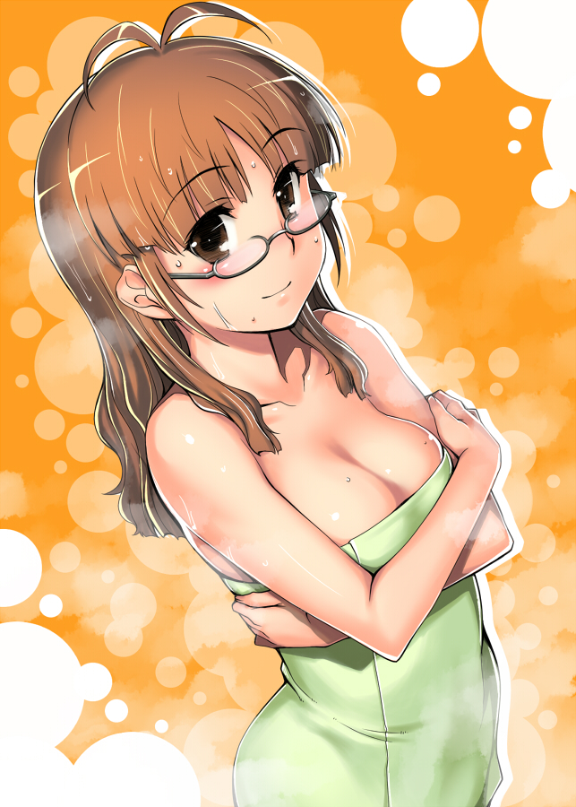 antenna_hair bare_shoulders breasts brown_eyes brown_hair cleavage glasses idolmaster long_hair naked_towel seki_suzume smile solo towel wet