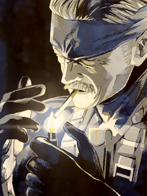 facial_hair gloves headband lighter male metal_gear_solid mustache old_snake smoking solid_snake white_hair