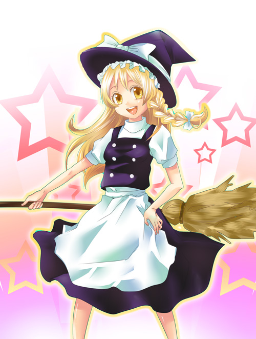 blonde_hair braid broom dress hand_on_hip hat kirisame_marisa long_hair tamaichi touhou witch_hat yellow_eyes