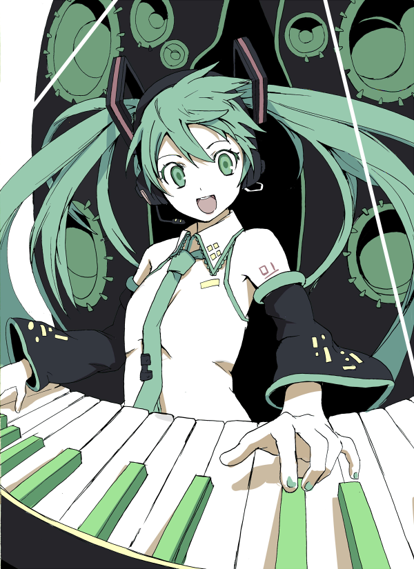 aqua_hair bad_id detached_sleeves flat_chest hatsune_miku headphones hyakuen_raitaa instrument keyboard keyboard_(instrument) long_hair microphone necktie piano_keys synthesizer twintails very_long_hair vocaloid