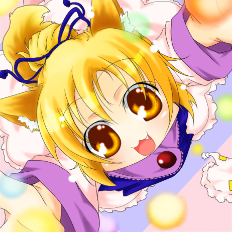 :d alternate_hairstyle animal_ears blonde_hair fang fox_ears fox_tail from_above haruyonoto hat looking_at_viewer lowres no_hat no_headwear open_mouth ponytail sekisyoku2 short_hair smile tail touhou yakumo_ran yellow_eyes young