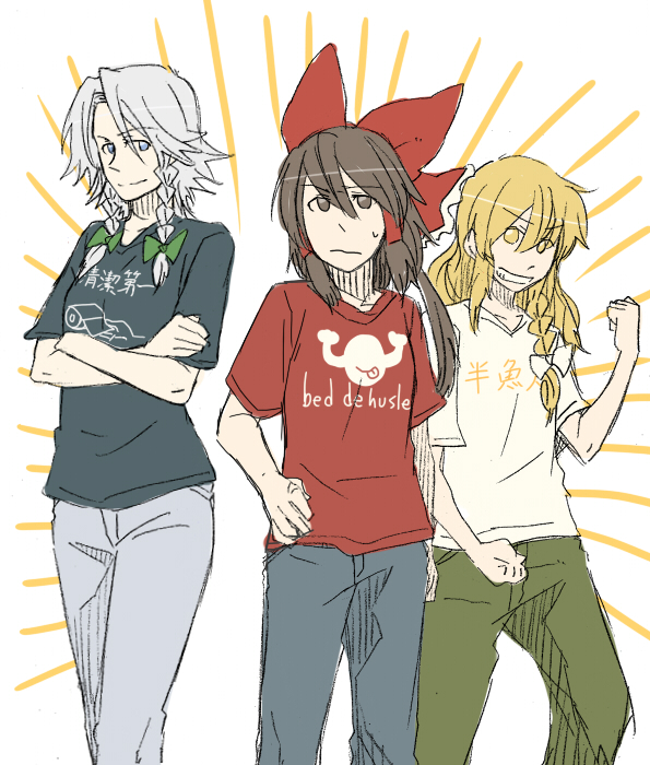 blonde_hair brown_hair casual clothes_writing contemporary engrish hakurei_reimu izayoi_sakuya kirisame_marisa ranguage ribbon short_hair silver_hair torinone touhou