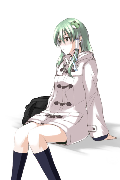 alternate_costume arm_support casual coat frog_hair_ornament green_hair hair_ornament kochiya_sanae long_hair shirako_mugi silve simple_background sitting snake solo toggles touhou winter_clothes yellow_eyes