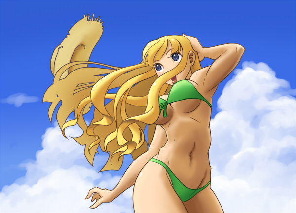 blonde_hair blue_eyes hat long_hair original sky straw_hat swimsuit tatuo