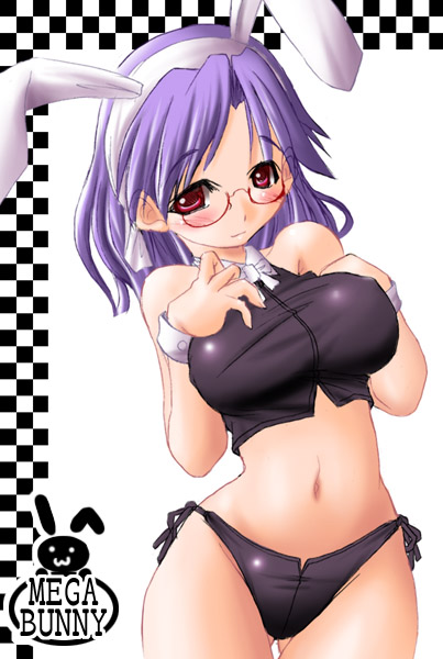 blush breasts bunny_ears glasses large_breasts midriff navel purple_hair rabbit_ears red_eyes