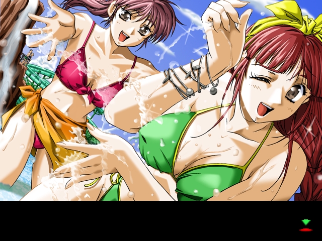 bikini brown_eyes charles_bronson_(artist) dutch_angle game_cg long_hair mania_na_onna_2 multiple_girls ponytail red_hair redhead sarong skyhouse splash swimsuit water