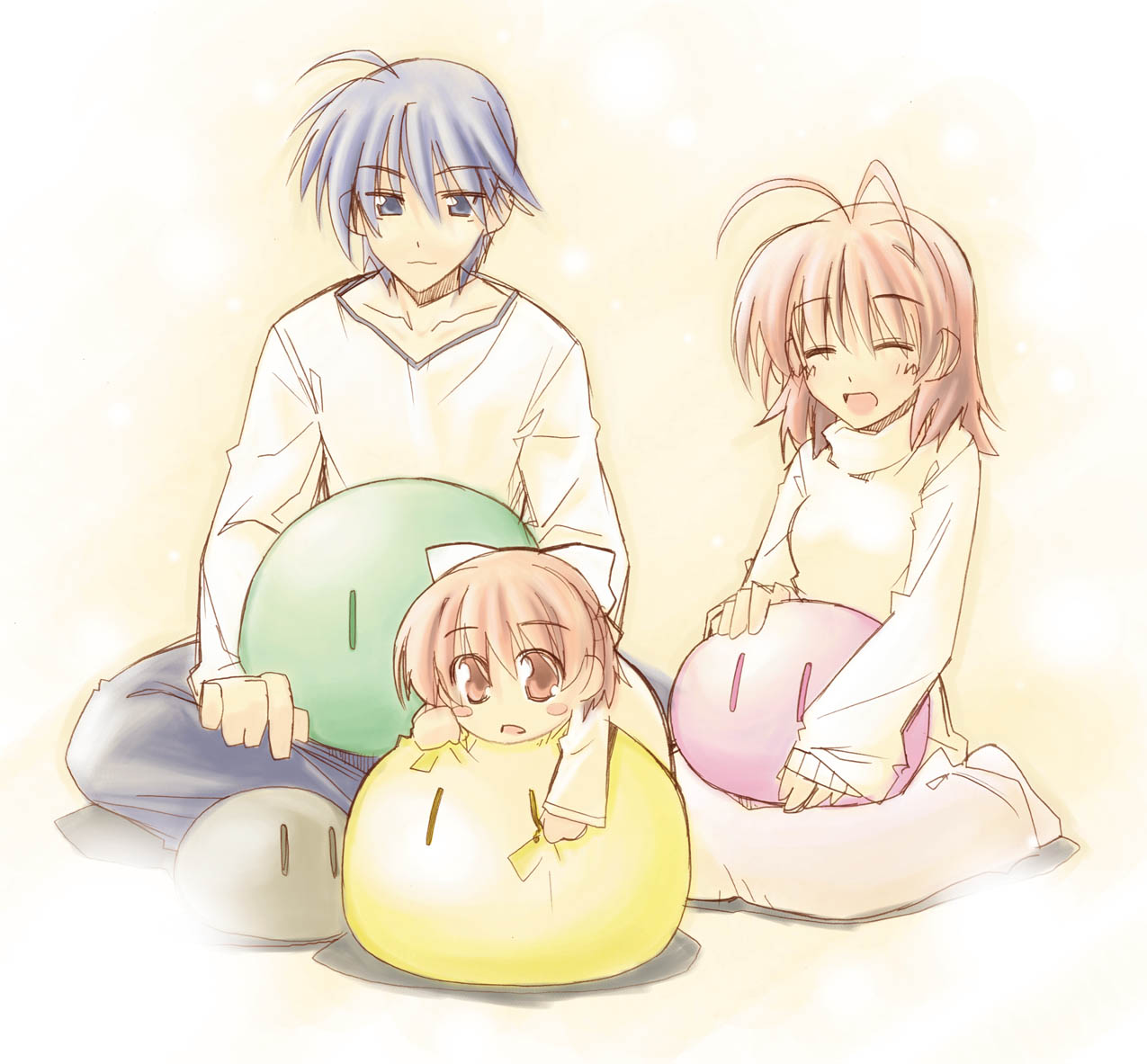 blue_eyes brown_eyes brown_hair clannad closed_eyes dango dango_daikazoku family furukawa_nagisa husband_and_wife ogura_shuuichi okazaki_tomoya okazaki_ushio short_hair