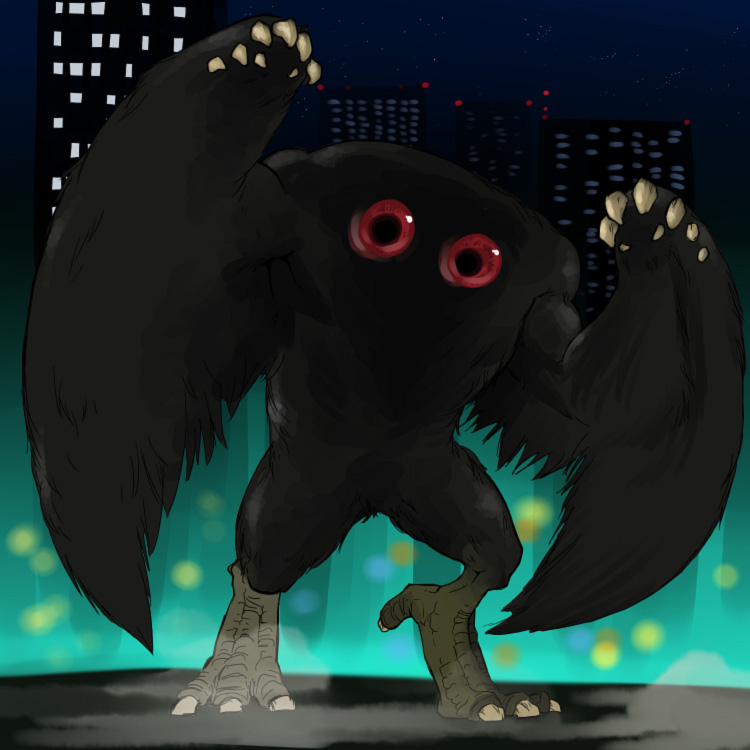 city cityscape cryptid headless monster mothman night red_eyes space_jin wings