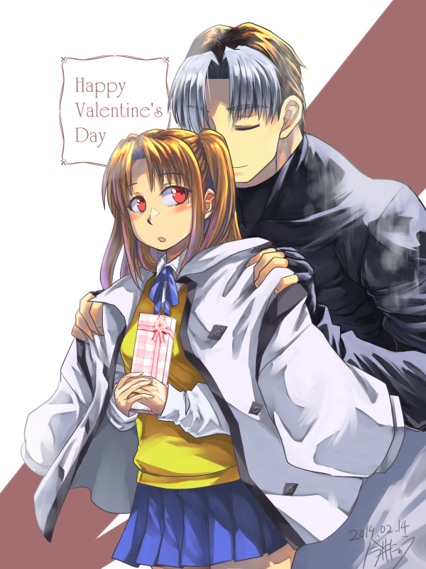 1boy 1girl blush box brown_hair couple dated english_text gift gift_box happy_valentine hetero holding holding_gift imai_nyuu long_hair m.u.g.e.n melty_blood red_eyes ribbon sachiel_(mugen) school_uniform signature silver_hair skirt smile tsukihime valentine yumizuka_satsuki