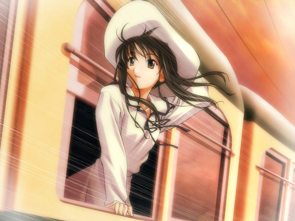 1girl hat memories_off memories_off_2nd minami_tsubame solo train wind