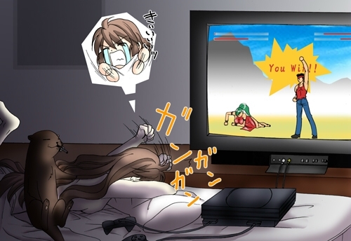 1girl angry bed breasts brown_hair cat console game_console large_breasts long_hair lowres medium_breasts otter pillow playing_games sideboob solo tears television topless video_game
