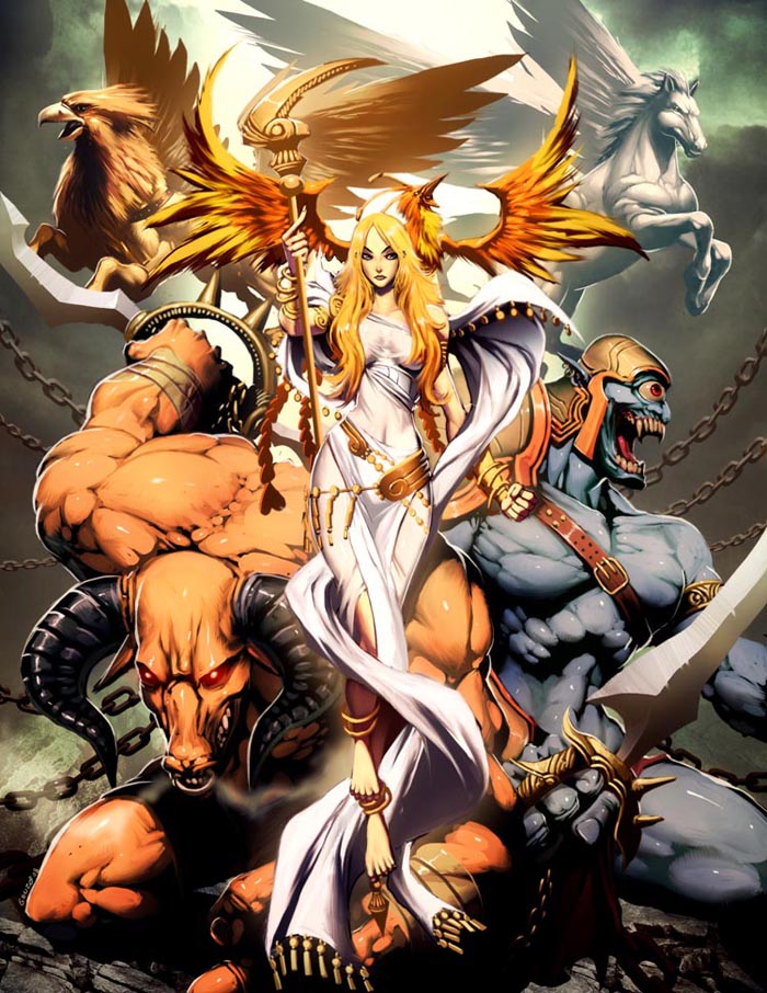 1girl aphrodite armor barefoot bird blonde_hair chains cyclops epic genzoman glowing glowing_eyes greek_mythology griffin griffon horns lips minotaur monster nose_ring one-eyed original pegasus phoenix red_eyes slender staff sword weapon wings