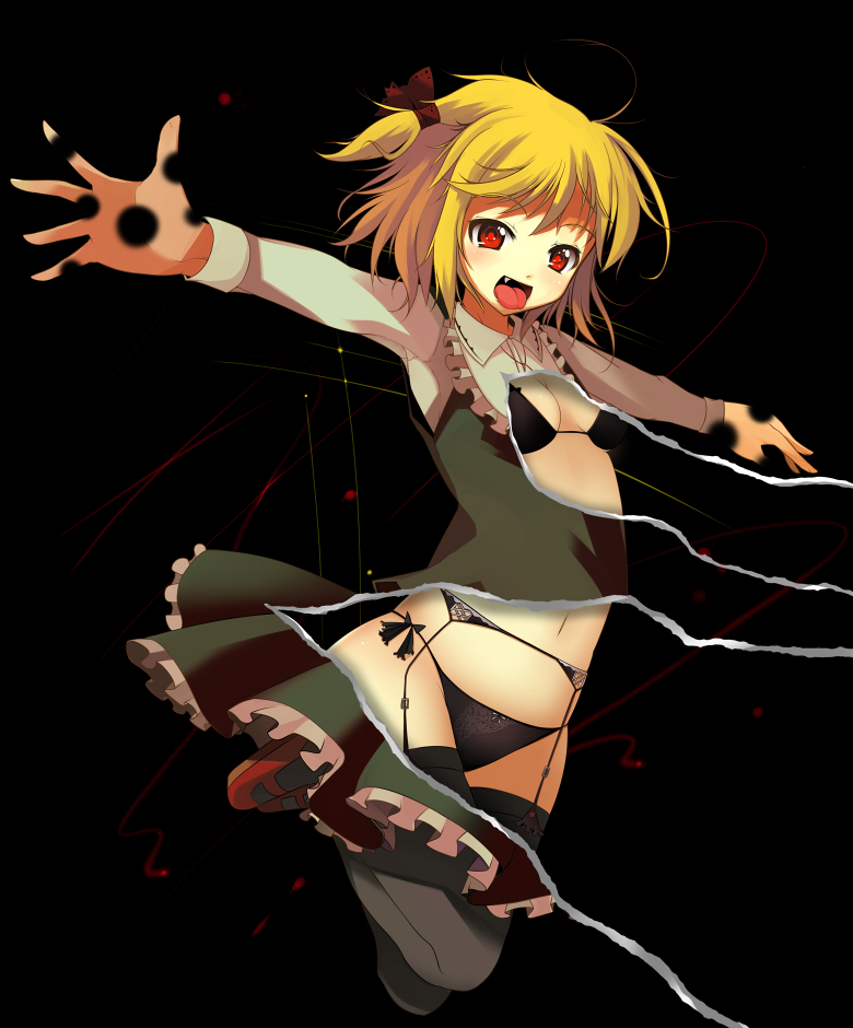 1girl blonde_hair bra darkness dissolving fang female garter_belt hair_ribbon ippongui lingerie page_tear panties red_eyes revealing_cutout ribbon rumia short_hair side-tie_panties solo the_embodiment_of_scarlet_devil thigh-highs tongue touhou underwear youkai