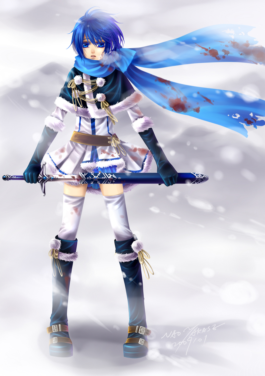 1girl blood bloody_clothes cape earmuffs fantasy female full_body genderswap gloves highres kaiko kaito nao_takase outdoors scarf sheath snow solo sword thigh-highs unsheathing vocaloid weapon zettai_ryouiki