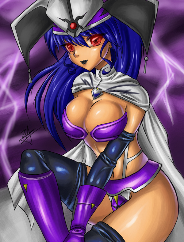 1girl althena blue_hair boots breasts cape capelet cleavage dark_skin elbow_gloves female game_arts gloves hat large_breasts lipstick long_hair luna_noah lunar lunar:_the_silver_star makeup red_eyes solo thigh-highs