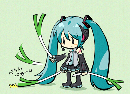 1girl afterimage aqua_hair chibi green_background hatsune_miku lowres oropi sad solo spring_onion thigh-highs twintails vocaloid