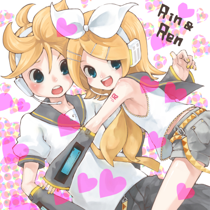 1boy 1girl armpits bad_id blonde_hair blue_eyes blush brother_and_sister hair_ornament hair_ribbon hairclip heart kagamine_len kagamine_rin kumatani ribbon short_hair shorts shota siblings sleeveless twins vocaloid