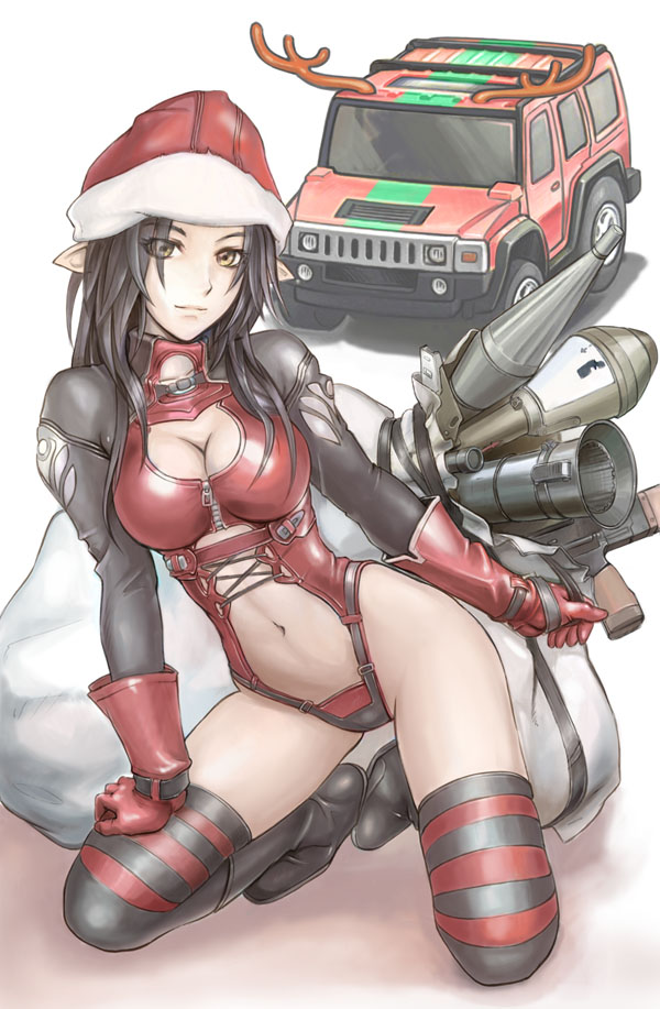 1girl antlers black_hair bodysuit boots breasts christmas christmas_elf cleavage cleavage_cutout elf gloves ground_vehicle hat hummer kuratch leather midriff motor_vehicle navel one-piece_swimsuit original pointy_ears red_leather rocket_launcher rpg_(weapon) sack santa_hat skin_tight solo squatting striped striped_legwear swimsuit thigh-highs vehicle weapon yellow_eyes zipper