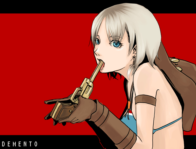 1girl alternate_costume aqua_eyes armband bangs bikini_top blonde_hair capcom cowboy_hat cowgirl demento elbow_gloves feather fiona_belli gloves gun gun_in_mouth hat holding holding_gun holding_weapon jewelry looking_at_viewer lowres red_background revolver short_hair single_earring solo tongue weapon