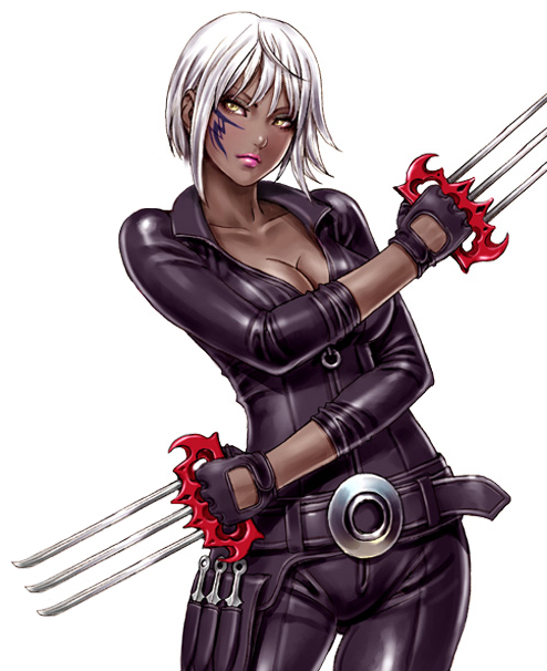 1girl belt bodysuit breasts claws cleavage closed_mouth cowboy_shot dark_skin dual_wielding facial_mark feet_out_of_frame female gloves holding holding_weapon kunai leather lipstick makeup noel_(yamashita_shunya) original photoshop pink_lips pink_lipstick pointy_ears recolor short_hair simple_background skin_tight solo standing tattoo violet_eyes weapon white_background white_hair yamashita_shun'ya yellow_eyes zipper